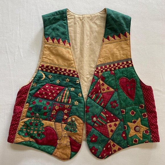 Grandmas Handmade Christmas Vest Quilted Patchwork Print Ladies Holiday Clothing - Picture 1 of 6